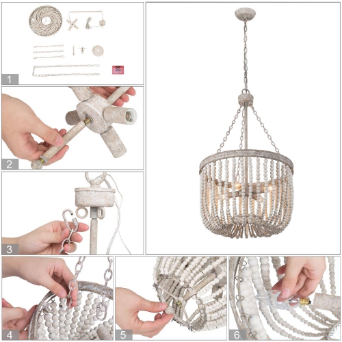 Farmhouse Dining Room Chandelier, 4-Light Bohemia Weathered White Chandelier with White Wood Beads