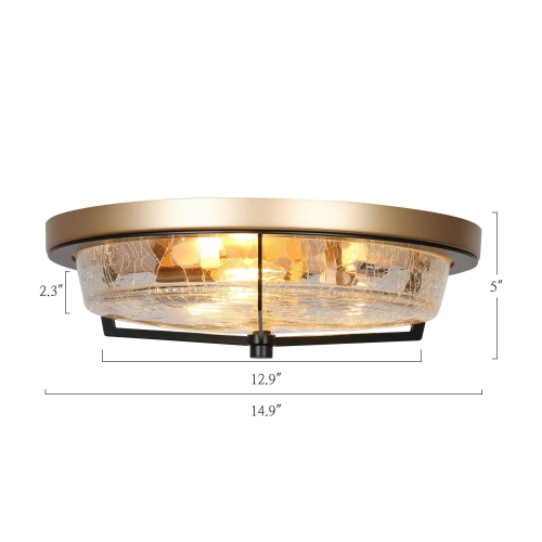 Modern Farmhouse Circle Flush Mount Lighting, 3-Light Gold Transitional Round Ceiling Lights with Crackle Glass Shade