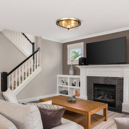 Modern Farmhouse Circle Flush Mount Lighting, 3-Light Gold Transitional Round Ceiling Lights with Crackle Glass Shade