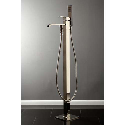 Kingston Brass KS4136QLL Executive Freestanding Roman Tub Filler with Hand Shower, 9" in Spout Reach, Polished Nickel