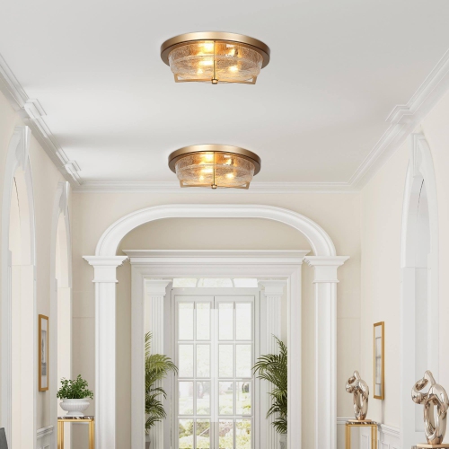 Modern Farmhouse Circle Flush Mount Lighting, 3-Light Gold Transitional Round Ceiling Lights with Crackle Glass Shade