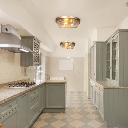 Modern Farmhouse Circle Flush Mount Lighting, 3-Light Gold Transitional Round Ceiling Lights with Crackle Glass Shade