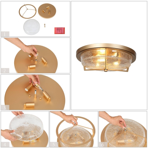 Modern Farmhouse Circle Flush Mount Lighting, 3-Light Gold Transitional Round Ceiling Lights with Crackle Glass Shade