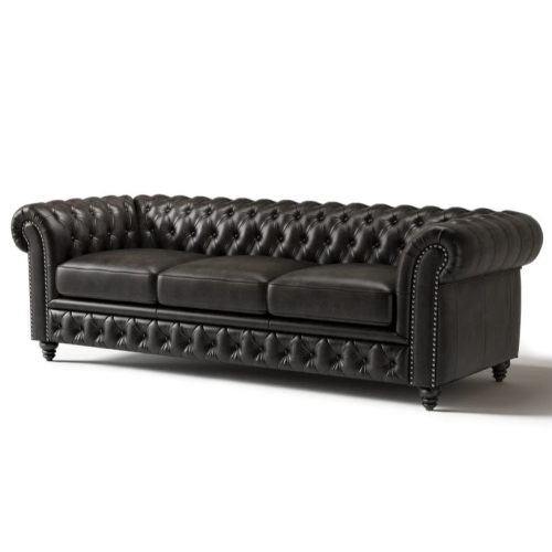Valencia Parma 92" Wide Full-Aniline Leather 3 Seats Chesterfield Black Sofa