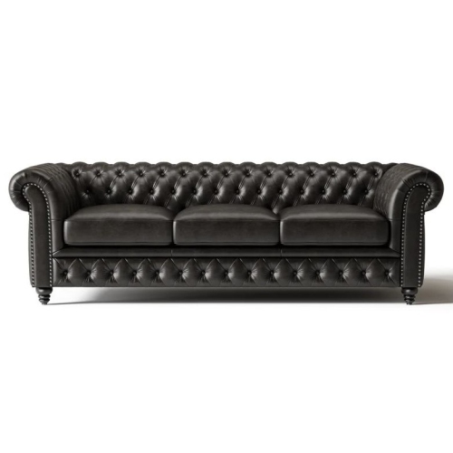 Valencia Parma 92" Wide Full-Aniline Leather 3 Seats Chesterfield Black Sofa