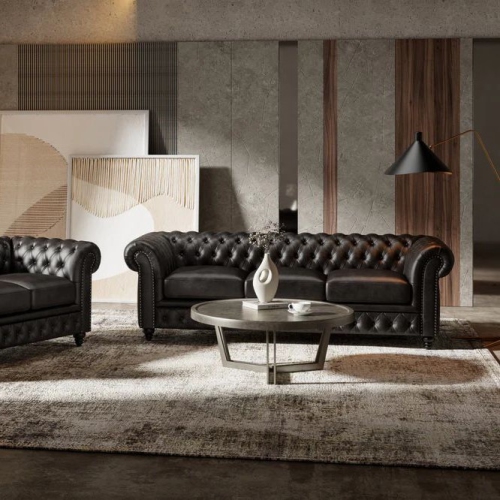 Valencia Parma 92" Wide Full-Aniline Leather 3 Seats Chesterfield Black Sofa