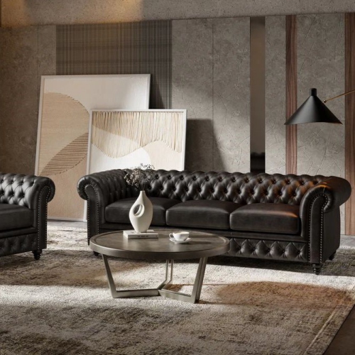 Valencia Parma 92" Wide Full-Aniline Leather 3 Seats Chesterfield Black Sofa