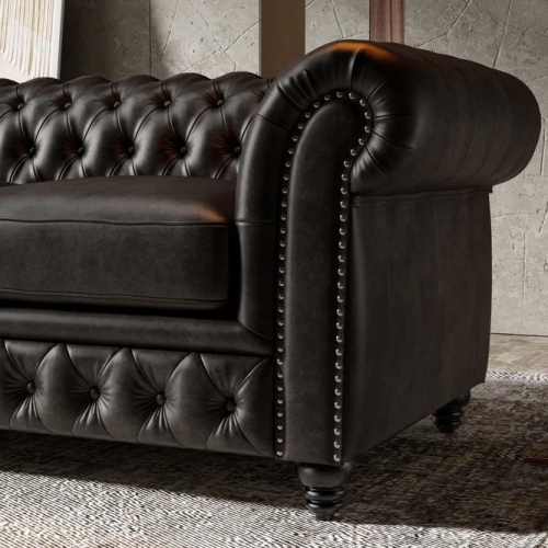 Valencia Parma 92" Wide Full-Aniline Leather 3 Seats Chesterfield Black Sofa
