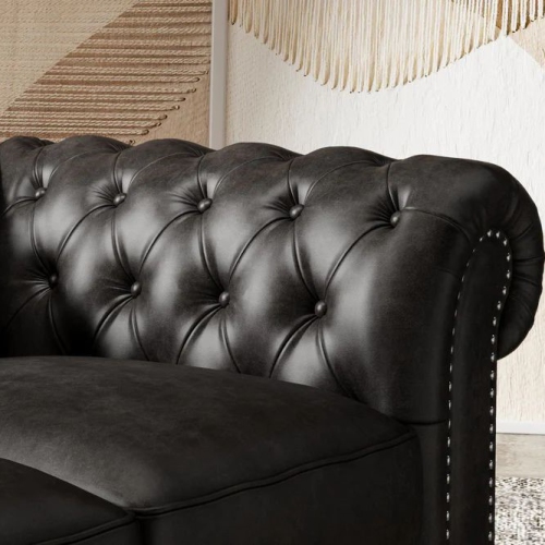 Valencia Parma 92" Wide Full-Aniline Leather 3 Seats Chesterfield Black Sofa