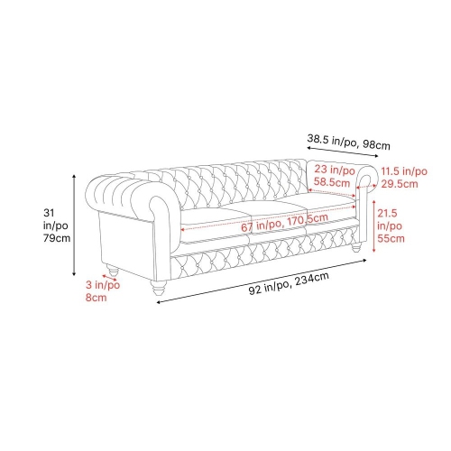 Valencia Parma 92" Wide Full-Aniline Leather 3 Seats Chesterfield Black Sofa