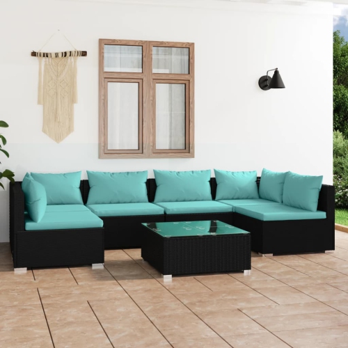 Ensemble patio 7 pièces avec coussins en poly rotin noir vidaXL