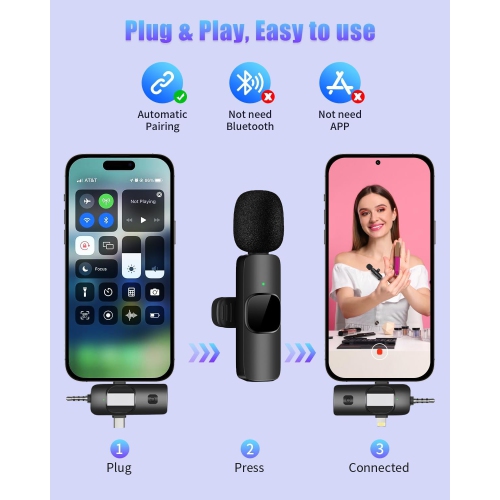 Micro-cravate sans fil pour caméra Android iPhone – micros-cravate sans fil pour l'enregistrement vidéo, la diffusion en direct, YouTube, TikTok,