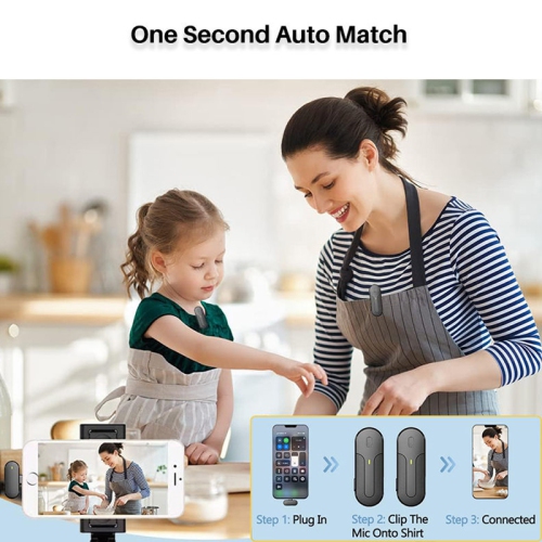 Dual Wireless Lavalier Microphone with DSP Noise Reduction, 3 Noise Cancel Modes, 40H Battery, Auto Pairing, 360° Mic, USB-C/Lightning, for iPhone