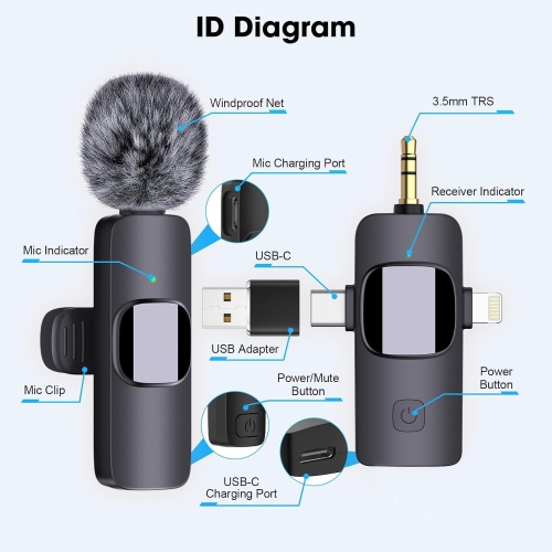 Micro-cravate sans fil 4-en-1 pour iPhone Android Phone, appareil photo, ordinateur, ordinateur portable Micro-cravate professionnel avec USB-C