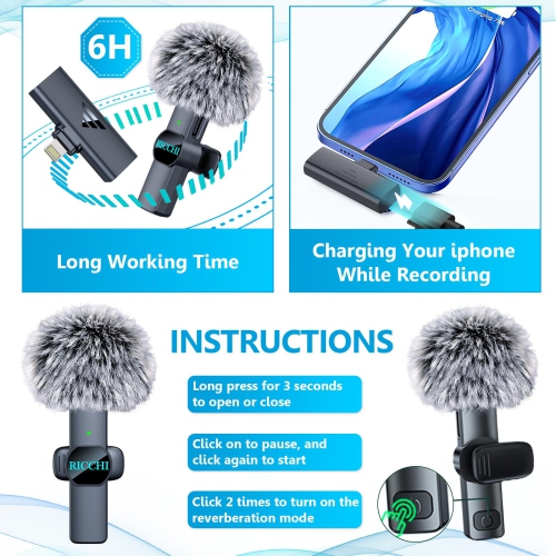Mini microphone sans fil pour iPhone iPad, micro-cravate double sans fil, mini micro sans fil prêt à l'emploi pour l'enregistrement vidéo, les