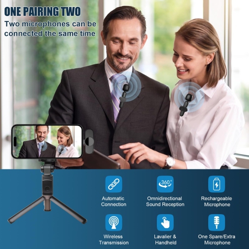 2 Pack Wireless Microphone for iPhone Android Laptop, Plug-Play, Auto Sync and Noise Reduction, Clip On Lapel Mic for Video Recording, YouTube,