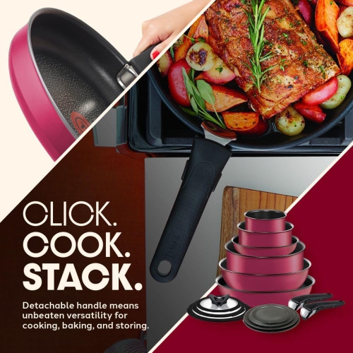 T-fal Ingenio Nonstick Cookware Set 14 Piece Induction Oven Broiler Safe 500F Cookware, Pots and Pans, Oven, Broil, Dishwasher Safe, Pink