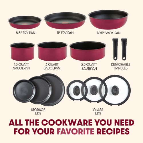 T-fal Ingenio Nonstick Cookware Set 14 Piece Induction Oven Broiler Safe 500F Cookware, Pots and Pans, Oven, Broil, Dishwasher Safe, Pink