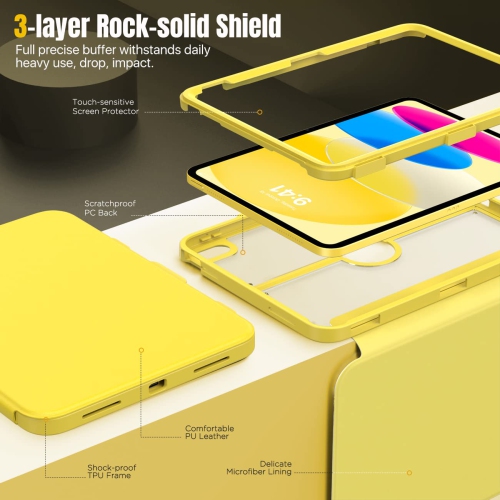 iPad – Étui de 10th génération avec porte-crayon, 10,9 po, protecteur d’écran intégré, dos transparent, support de visionnement multiangle résistant