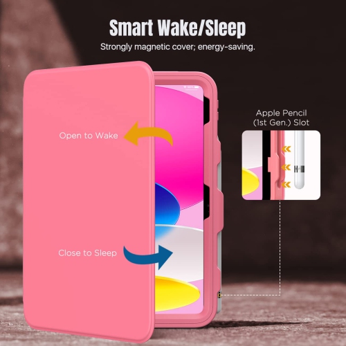 iPad – Étui de 10th génération avec porte-crayon, protecteur d’écran intégré, dos transparent, support de visionnement multi-angle résistant aux