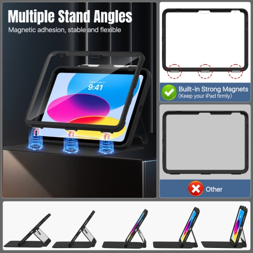 iPad – Étui de 10th génération avec porte-crayon, 10,9 po, protecteur d’écran intégré, dos transparent, support de visionnement multi-angle résistant