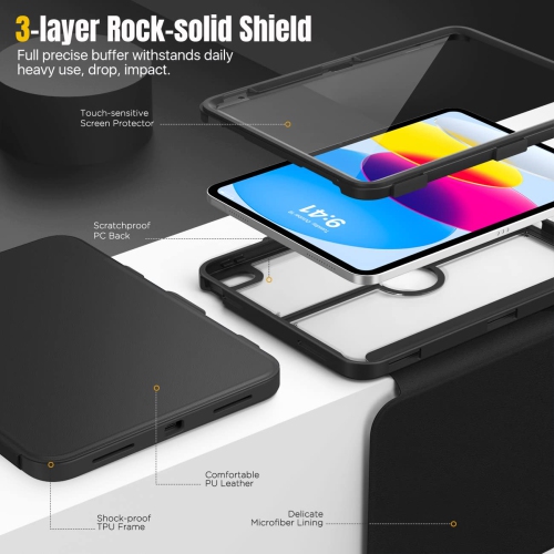 iPad – Étui de 10th génération avec porte-crayon, 10,9 po, protecteur d’écran intégré, dos transparent, support de visionnement multi-angle résistant