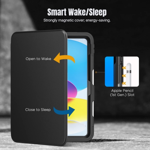 iPad – Étui de 10th génération avec porte-crayon, 10,9 po, protecteur d’écran intégré, dos transparent, support de visionnement multi-angle résistant