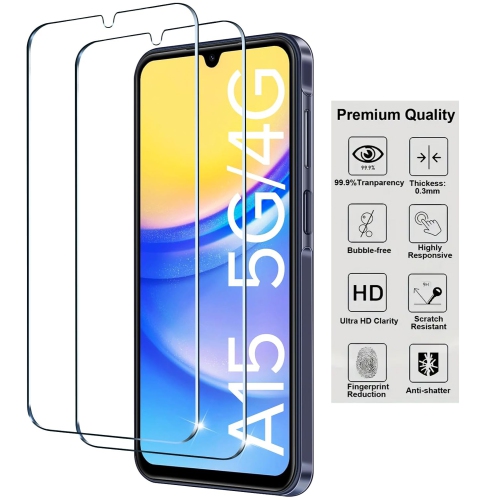 Protecteur d'écran en verre trempé pour Galaxy A15 5G Screen HD film 9H anti-rayures de Samsung compatible, sans bulles, protecteur d'écran tactile