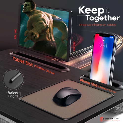 Refurbished - SHOPPINGALL Lap Desk - for 17 inch Laptops or Smaller - Integrated Mouse Pad, Tablet & Smartphone Holder - SA-BR182 (Black)