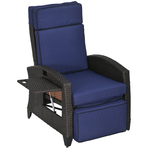 Image 1 de 9.. Fauteuil inclinable extérieur Outsunny avec coussin, chaise longue de patio inclinable en osier PE avec repose-pieds réglable, accoudoirs, plateau