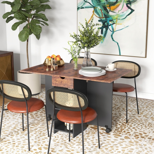 Table pliante de HOMCOM avec tiroir et tablettes de rangement, table à abattant peu encombrante pour la cuisine, salle à manger, salon, brun rustique