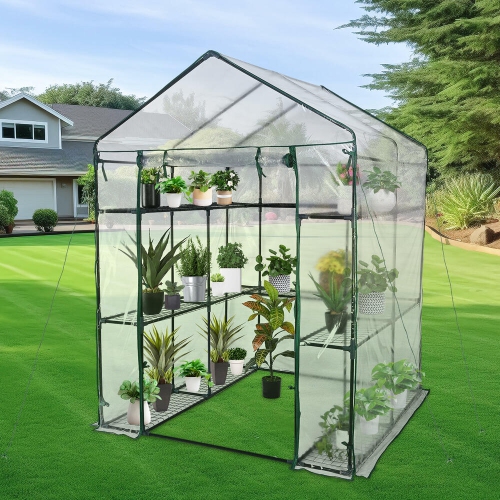 4.7x4.7x6.4 ft Large Greenhouse, 3 Tiers Steel Frame Sturdy Green House with PVC Cover Roll Up Zipper Door for Lawn Garden Outdoor Growing