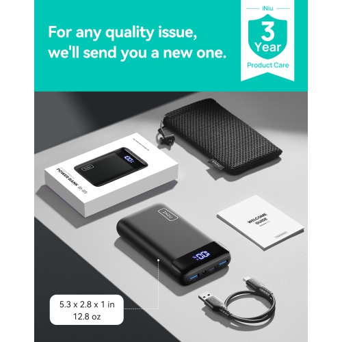 Chargeur portable 20000&nbsp;mAh à recharge rapide 22,5&nbsp;W d'INIU avec batterie d'entrée et de sortie USB-C et écran DEL pour iPhone, Samsung et