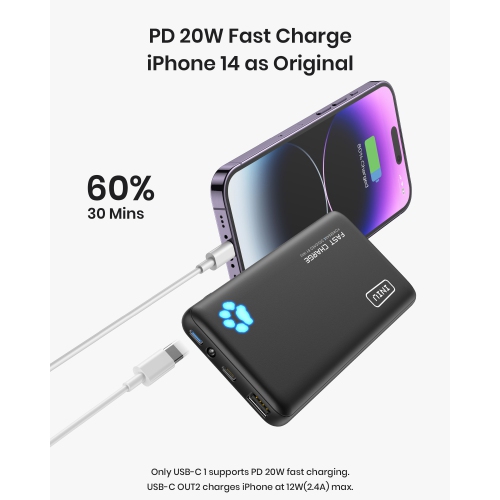 INIU Slimmest Power Bank 10000mAh 20W PD Fast Charging Portable Charger USB C in & Out Battery Pack for iPhone, Samsung and More - Black