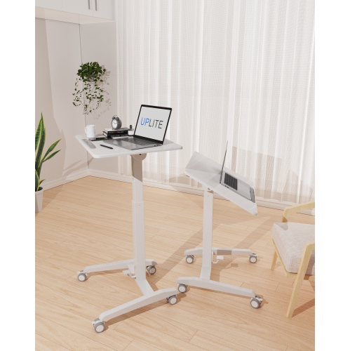 Bureau assis/debout à roulettes Tiltable pour portable à gaz et à ressort d'Uplite, poste de travail debout avec roulettes verrouillées