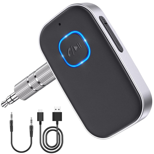 Wireless Music Streaming: Bluetooth Car Adapter, 3.5mm AUX Receiver with Built-in Mic for Handsfree Calls, 16H Playtime, Compatible with Home Stereo,