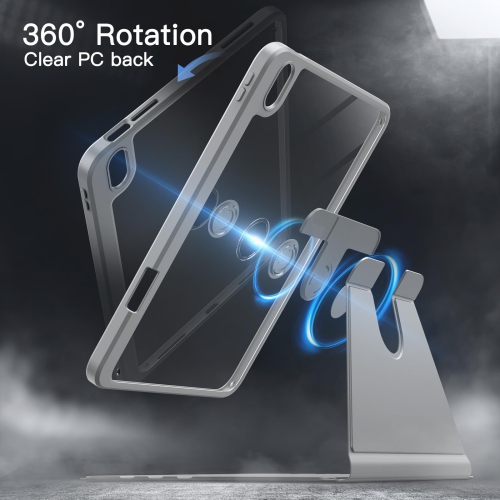 Rotating Case for iPad 10 with Pencil Holder, 360 Degree Rotation Protective Stand Cover Clear Back, Auto Wake/Sleep (Silver)