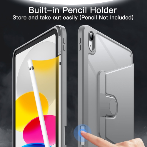 Rotating Case for iPad 10 with Pencil Holder, 360 Degree Rotation Protective Stand Cover Clear Back, Auto Wake/Sleep (Silver)