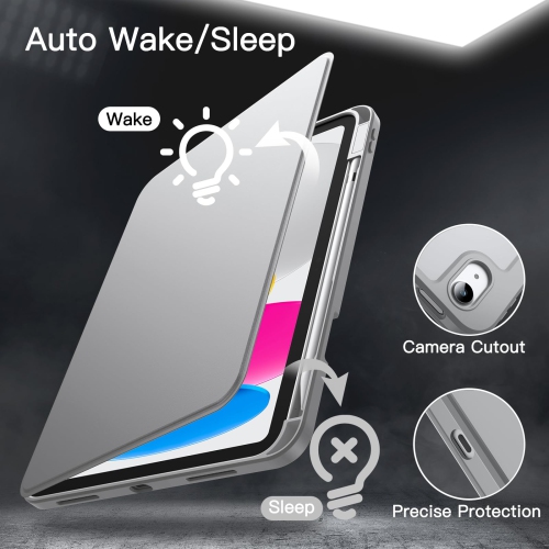 Rotating Case for iPad 10 with Pencil Holder, 360 Degree Rotation Protective Stand Cover Clear Back, Auto Wake/Sleep (Silver)
