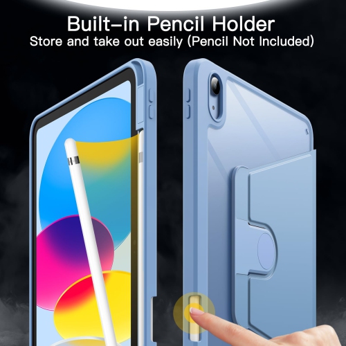 Étui rotatif pour iPad 10 avec porte-crayon, couvercle de support de protection pivotant sur 360 degrés, arrière transparent, réveil/veille