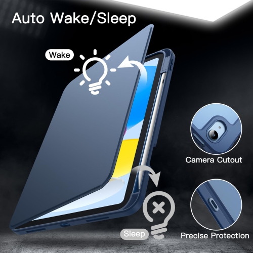Rotating Case for iPad 10 with Pencil Holder, 360 Degree Rotation Protective Stand Cover Clear Back, Auto Wake/Sleep (Navy)