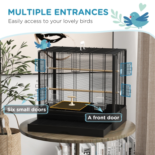 PawHut 22" Bird Cage for Budgie, Finches, Canaries, Love Birds, Large Parrot Cage with Wooden Stands, Slide-Out Tray, Handle, Food Containers, White