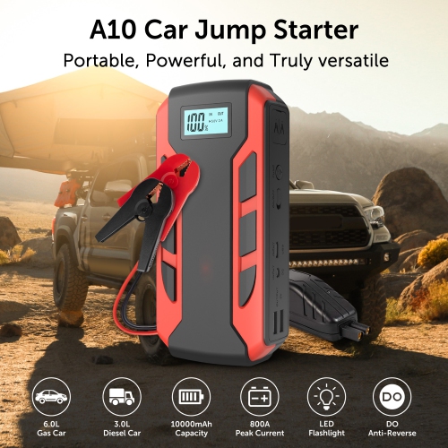 Démarreur de secours numérique portatif Alpha, Peak 10.000&nbsp;mAh de 800&nbsp;A, chargeur portable, lampe de poche DEL – Noir/rouge
