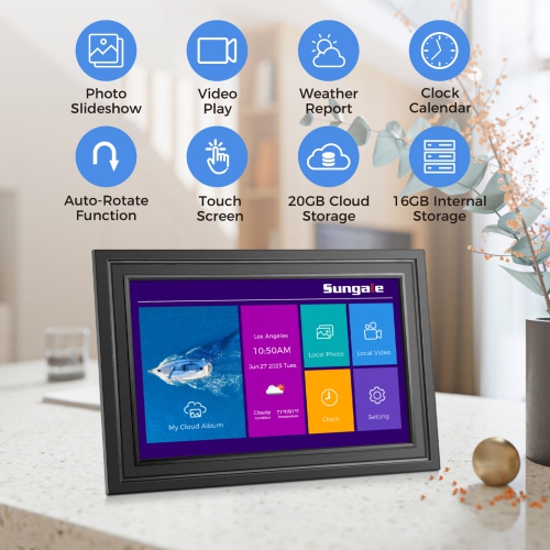 Sungale 10-in Cloud Photo Frame - 1280x800 IPS HD Touch Screen, 20GB Cloud Storage, 16GB, Auto-Rotate, Photo Share APP- Black