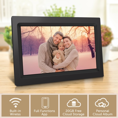 Alpha Digital 10-in Cloud Photo Frame– 1280x800 IPS HD Touchscreen, 20GB Cloud Storage, 16GB, Battery, Photo Share APP -Black