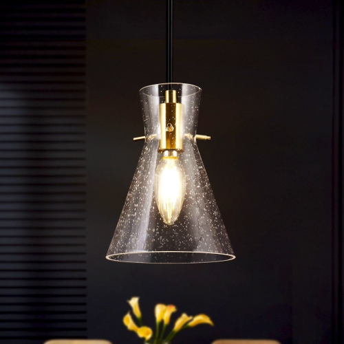 Modern Electroplated Brass Kitchen Island Pendant Light 1-Light Funnel Pendant Light with Seeded Glass Shade