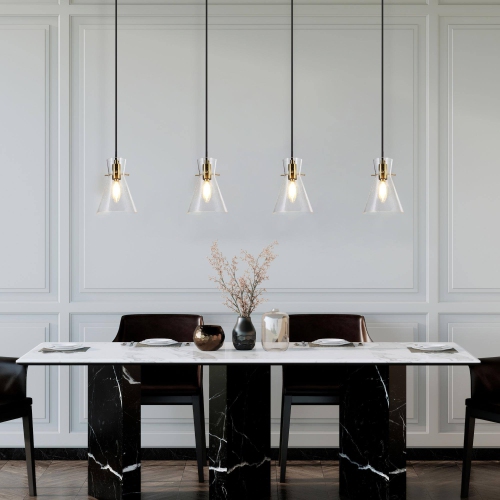 Modern Electroplated Brass Kitchen Island Pendant Light 1-Light Funnel Pendant Light with Seeded Glass Shade