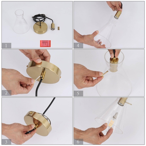 Modern Electroplated Brass Kitchen Island Pendant Light 1-Light Funnel Pendant Light with Seeded Glass Shade