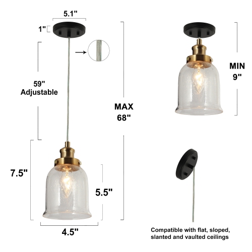 Modern Bell Kitchen Pendant Lighting 1-Light Electroplated Brass Seeded Glass Pendant Lighting for Kitchen Island