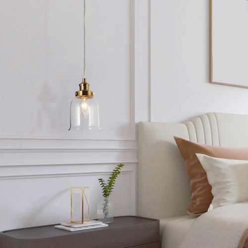 Modern Bell Kitchen Pendant Lighting 1-Light Electroplated Brass Seeded Glass Pendant Lighting for Kitchen Island